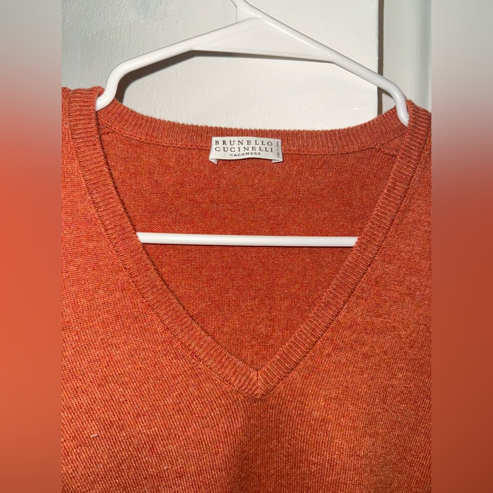 Brunello Cucinelli Men's V-Neck Sweater in Rich Orange